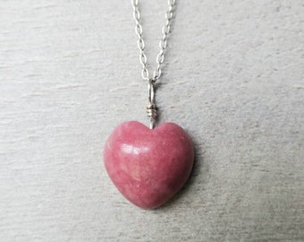 Rhodonite Heart Necklace: Sterling Silver Pink Gemstone Pendant