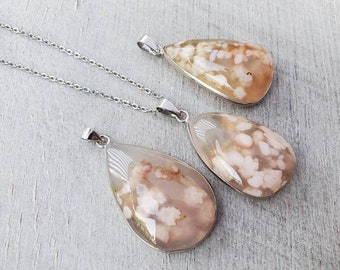 Flower Agate Teardrop Pendant: Silver Plated Floral Gemstone Necklace