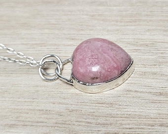 Pink Rhodonite Heart Necklace: Natural Gemstone, Handmade Sterling Silver Pendant