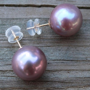 Rare large genuine freshwater purple pearl earrings with solid 14K gold, 13mm Edison pearl stud earrings, pearl studs, gift for her