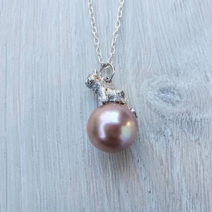 11-13mm round large freshwater pearl necklace with sterling silver, cat on pearl pendant, cat pendant, purple pearl necklace, gift for her