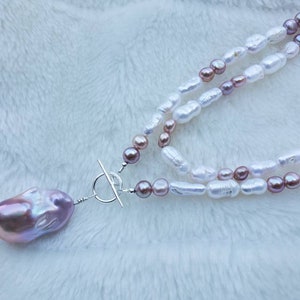 Freshwater purple Baroque pearl necklace with handmade toggle clasp, 20&quot; white and purple pearl necklace, wedding gift, Christmas gift