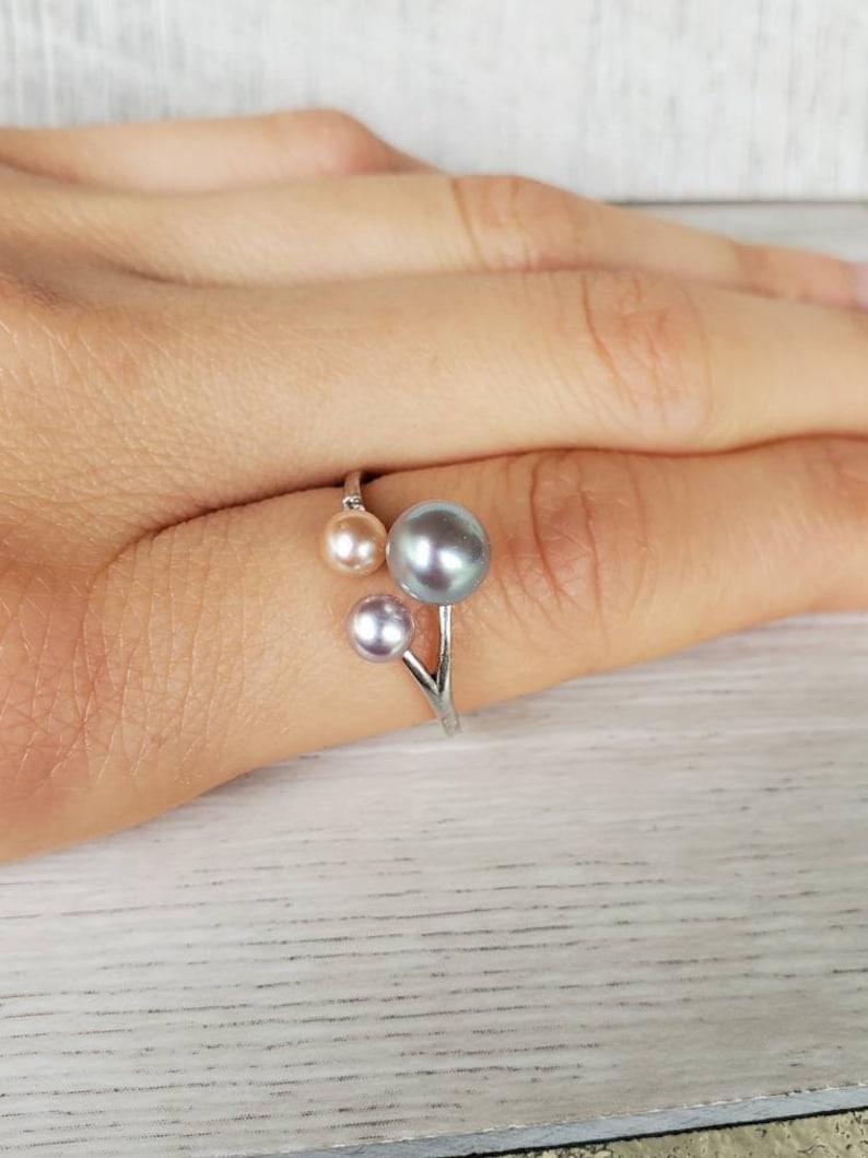 Real freshwater pearl ring adjustable with sterling silver, multicolor pearl cluster ring, pearl statement ring, gift for her image 4