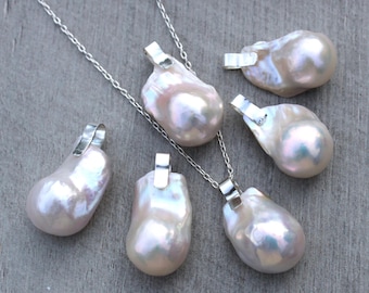Large White Baroque Pearl Pendant Necklace: Handmade Sterling Silver