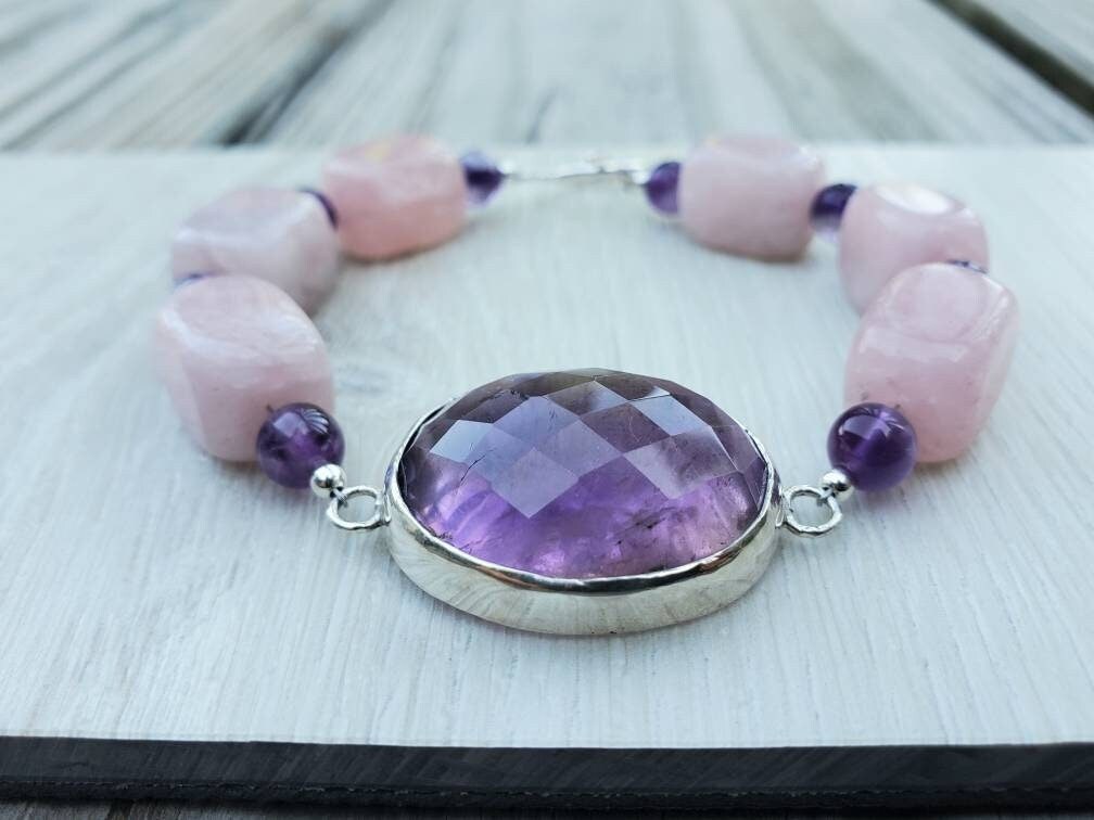 Natural Amethyst and Rose Quartz Bracelet with Sterling Silver, Amethyst Bracelet, Gemstone Crystal Statement Bracelet, gift for her