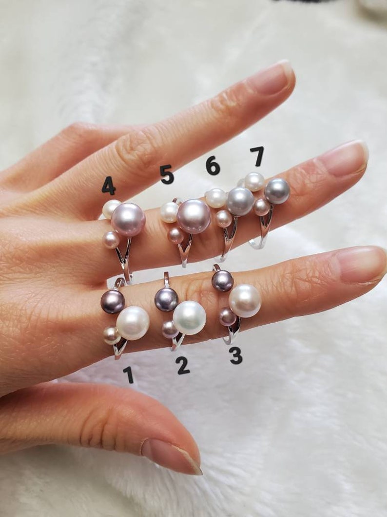 Real freshwater pearl ring adjustable with sterling silver, multicolor pearl cluster ring, pearl statement ring, gift for her image 7