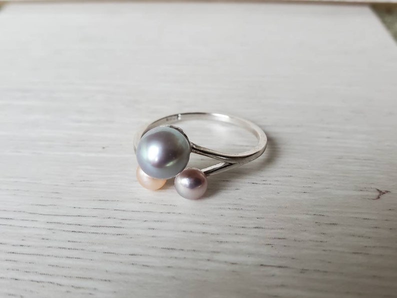 Real freshwater pearl ring adjustable with sterling silver, multicolor pearl cluster ring, pearl statement ring, gift for her image 2