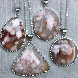 Natural Flower Agate pendant with silver-plated, Sakura Cherry Blossom agate necklace, floral gemstone crystal necklace, gift for her