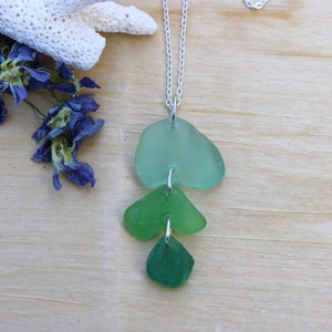 Genuine ombre green sea glass necklace with sterling silver, free-form aqua sea glass necklace, beach gift, Christmas gift, gift for her