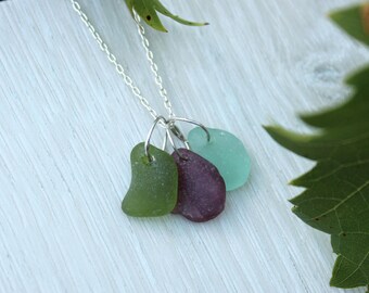Sterling Silver Sea Glass Necklace: Green, Blue & Purple Beach Glass