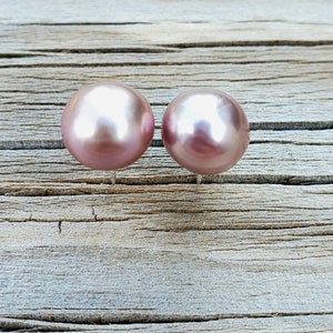 12mm round genuine freshwater purple pearl earrings with sterling silver, Edison pearl stud earrings, elegant earrings, gift for her