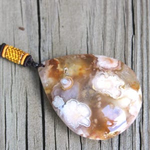 25" long natural Flower Agate necklace, Cherry Blossom Agate necklace, Flower Agate pendant, large floral statement necklace, gift for her