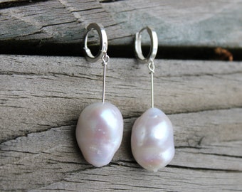 Super big Baroque pearl earrings with sterling silver, 15*20 free-form pearl hoop earrings, pearl statement earrings, Mother's Day gift