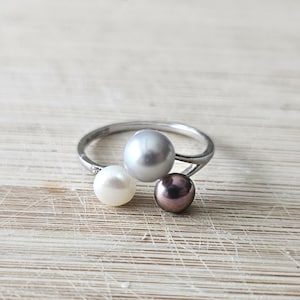 Real freshwater pearl ring adjustable with sterling silver, multicolor pearl cluster ring, pearl statement ring, gift for her
