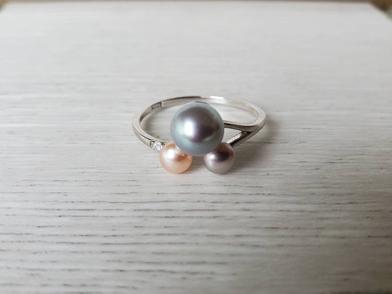 Real freshwater pearl ring adjustable with sterling silver, multicolor pearl cluster ring, pearl statement ring, gift for her image 1