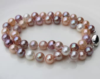 18" genuine multicolor freshwater pearl necklace, 8-9mm round real pearl necklace, mixed color pearl necklace, gift for her