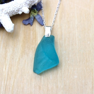 Genuine blue sea glass necklace with sterling silver, free-form blue sea glass pendant, beach gift, gift for her, Christmas gift