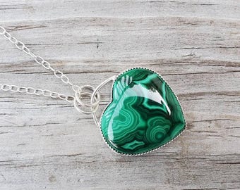 Malachite Heart Pendant: Handmade Sterling Silver, Natural Green Gemstone Necklace