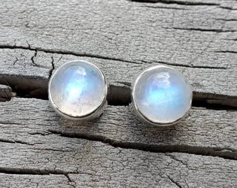 Sterling Silver Moonstone Earrings: Natural Blue Gemstone Stud Earrings