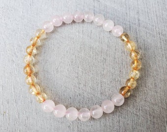 Stretchy natural 6mm Rose Quartz and Citrine gemstone bead bracelet, girls&#39; crystal bracelet, gift for her