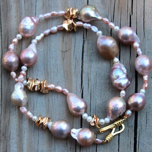 18"Long Genuine Freshwater Baroque Pearl Necklace, Unique Large Violet Pinkish Purple Pearl Statement necklace, Christmas gift
