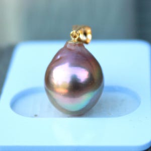 12*14mm Rare Metallic Purple Pearl pendant with solid 18K gold, Large Genuine Freshwater Teardrop Iridescent Pearl Necklace, gift for her