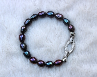 7&quot; Genuine freshwater black pearl bracelet, dyed 7*10mm trendy oval pearl bracelet, summer bracelet, bracelet for women, gift for her