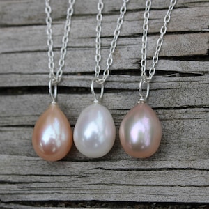 Real pearl necklace with sterling silver, teardrop pearl pendant, white peach and pinkish purple pearl layer necklace, gift for her