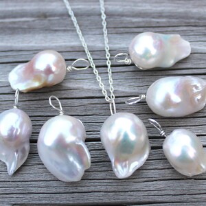 Handcrafted large Baroque Pearl necklace with sterling silver, white Baroque pearl pendant, unique fireball pearl pendant, gift for her
