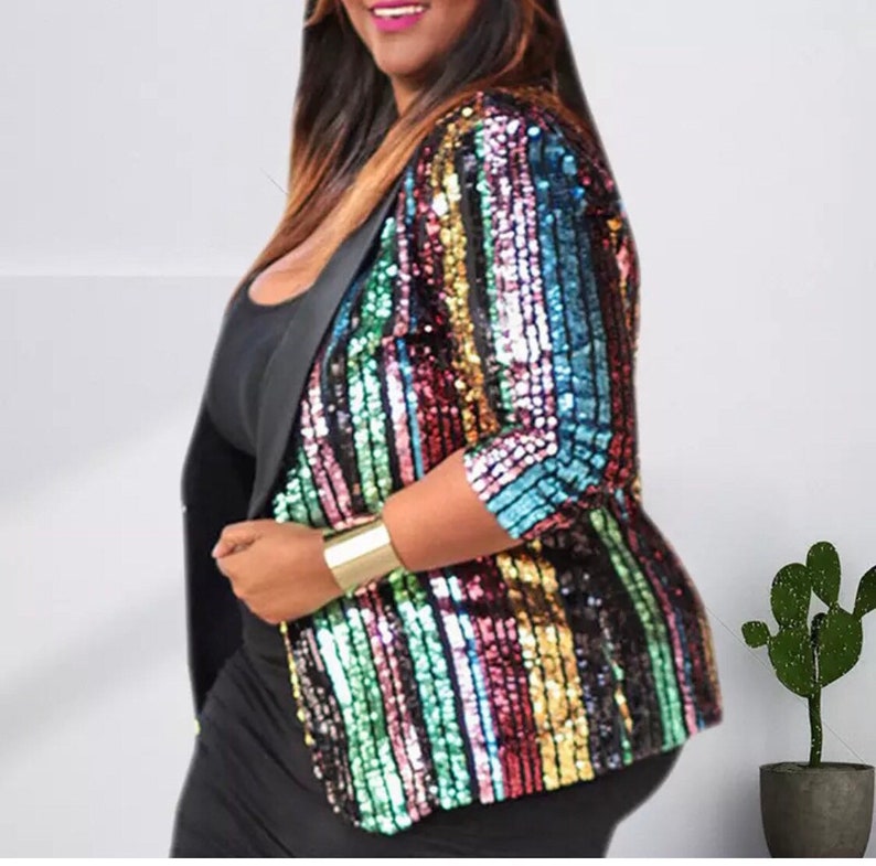 Women Plus Size Vibrant Color Long Sequin Elegant Jacket