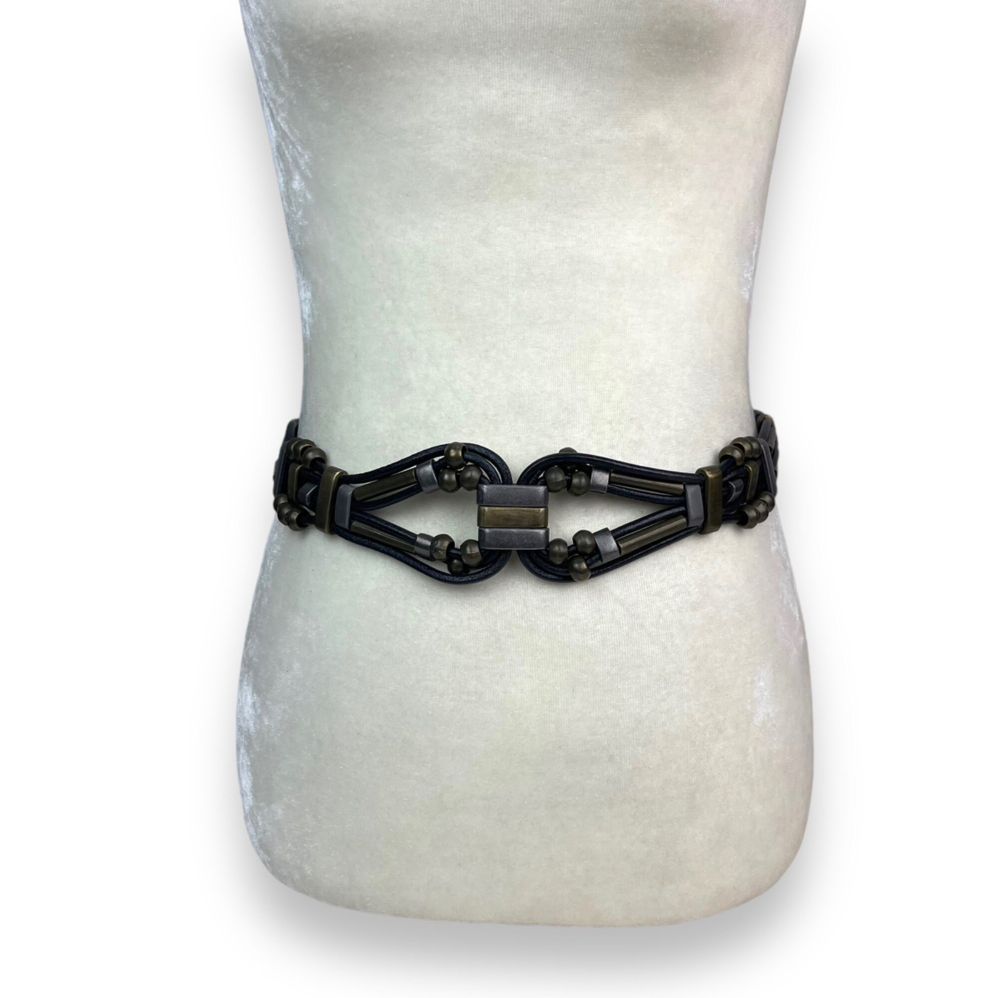 Vintage Leather Cord Statement Belt With Brass & Silver