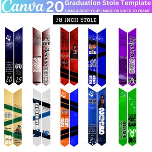 20 Graduation Stole Canva Editable Template Bundle, Graduation Sash Sublimation 2025, Graduation Stole Template Personalized Graduate Design