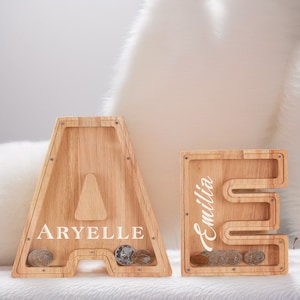 Hucha de madera con inicial personalizada y nombre, hucha de madera personalizada para niños y niñas, decoración de guardería, regalo de cumpleaños y Navidad