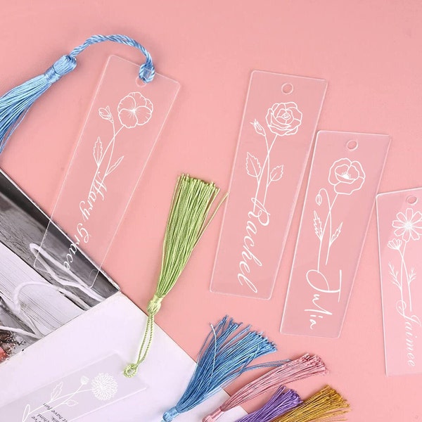 Birth Flower Bookmark, Personalized Bookmark, Custom Bookmark, Acrylic Name Bookmark, Bridesmaid Gift, Bookmark With Tassel, Christmas Gift