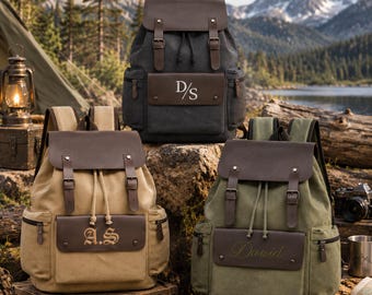 Custom Monogram Mens Travel Backpack, Vintage Canvas Leather Rucksack, Personalized Backpack, Outdoor Camping Hiking Bag, Gift for Men SJ10