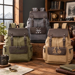 Sac à dos en toile personnalisé pour homme, sac à dos avec monogramme et patch en cuir, sac à dos de voyage vintage, cadeau pour garçon d'honneur, sac à dos de randonnée personnalisé