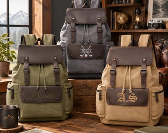 Personalized Canvas Backpack for Men, Custom Monogram Leather Patch Rucksack, Vintage Travel Backpack, Groomsmen Gift, Custom Hiking Daypack