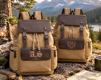 Personalized Vintage Canvas Backpack for Men, Custom Leather Patch Rucksack, Monogrammed Hiking Travel Bag, Groomsmen Gift SJ10