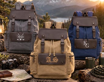 Personalized Canvas Leather Backpack for Men, Vintage Rucksack, Custom Name Travel Backpack, Groomsmen Gift, Hiking Work Backpack SJ10