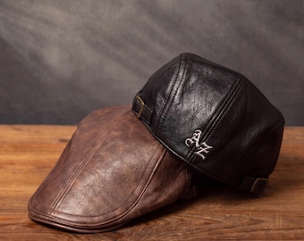 Personalized Leather Flat Cap, Custom Embroidered Ivy Cap, Vintage Faux Leather Newsboy Hat, Groomsmen Gift,Custom Name Monogram Hat for Him