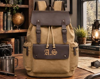 Custom Mens Backpack, Personalized Monogram Rucksack, Vintage Canvas Leather Bag, Groomsman Gift, Custom Name Travel Hiking Backpack for Him