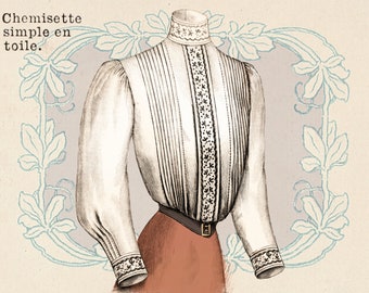 1905 PDF pattern ~ Simple blouse with embroidered lace and tucks ~ A4 & US Letter