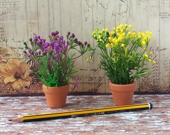 Miniature Plant Yellow Purple Buds Dollhouse Plant Barbie Garden, Scale 1:6