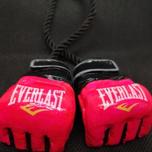 May include: A pair of pink and black Everlast boxing gloves with white lettering. The gloves are attached to a black rope.