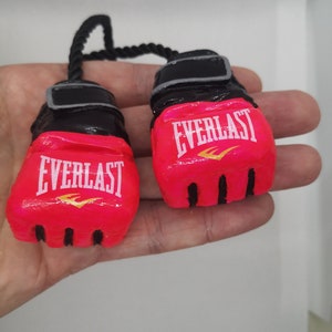 May include: A pair of pink boxing gloves with black trim and the word "EVERLAST" in white lettering with a gold logo. The gloves are connected by a black rope.