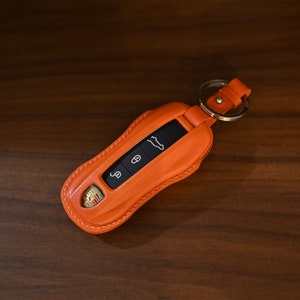 Étui à clés en cuir Porsche Cayenne 911 Panamera Taycan Smart Key orange