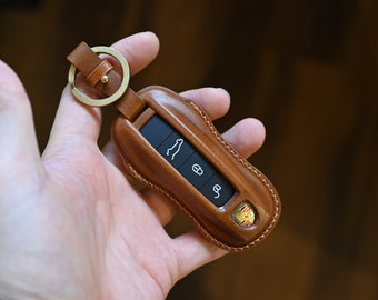 Funda de cuero para llave Porsche Cayenne 911 Panamera Taycan Smart Key TAN