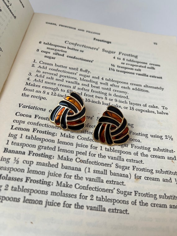 Orange Black Triangle Earrings, Celtic Gold Enamel