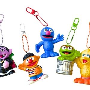 May include: Five Sesame Street character keychains featuring Count von Count, Ernie, Grover, Oscar the Grouch in a trash can, and Big Bird. Each figure is attached to a colorful ball chain with a matching plastic lobster clasp for hanging.