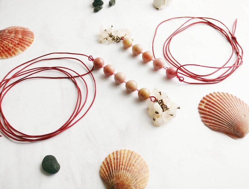 Healing rose quartz and rhodochrosite gemstones long necklace rainbow pregnancy handmade